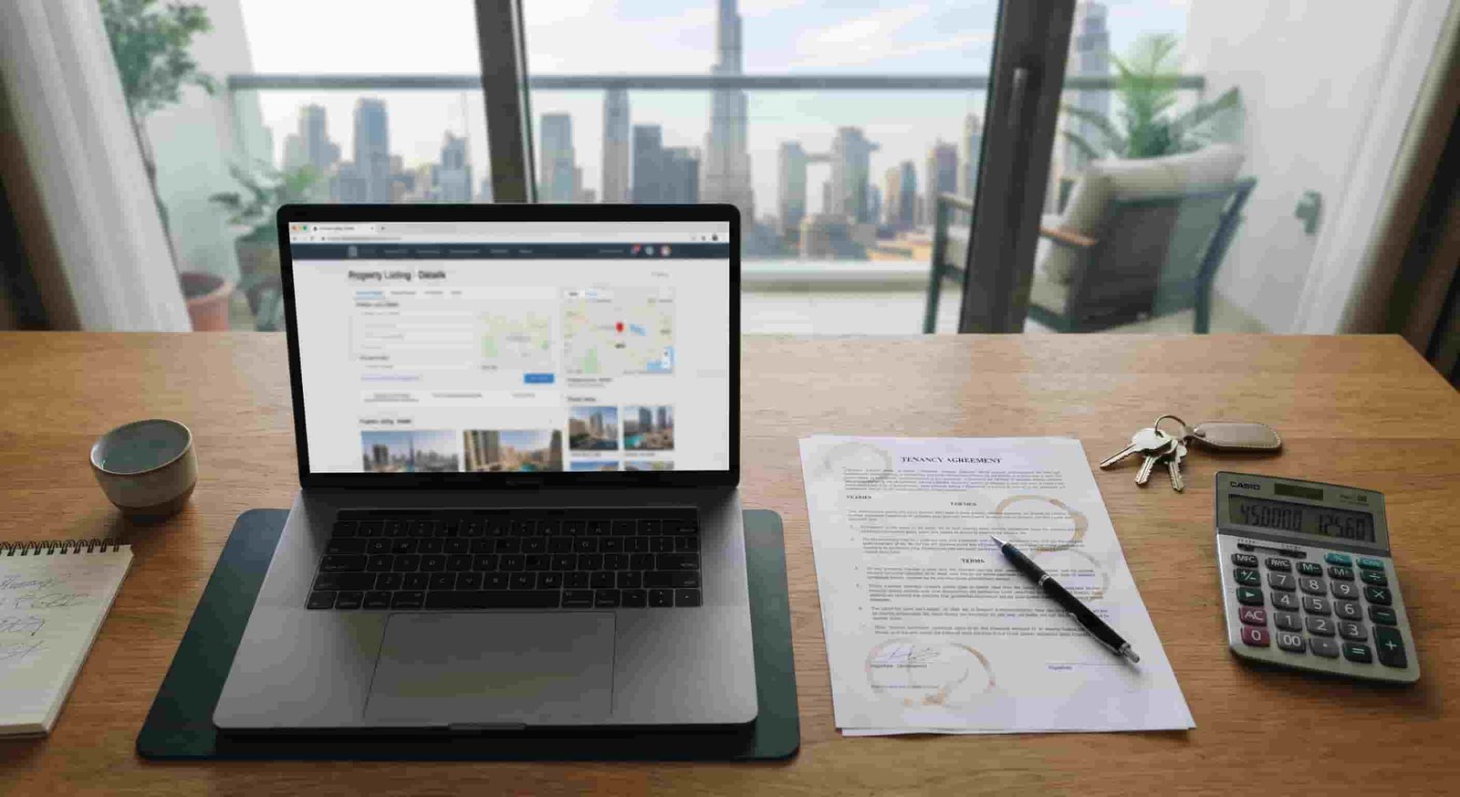 Landlord checking Dubai rents online beside a tenancy contract
