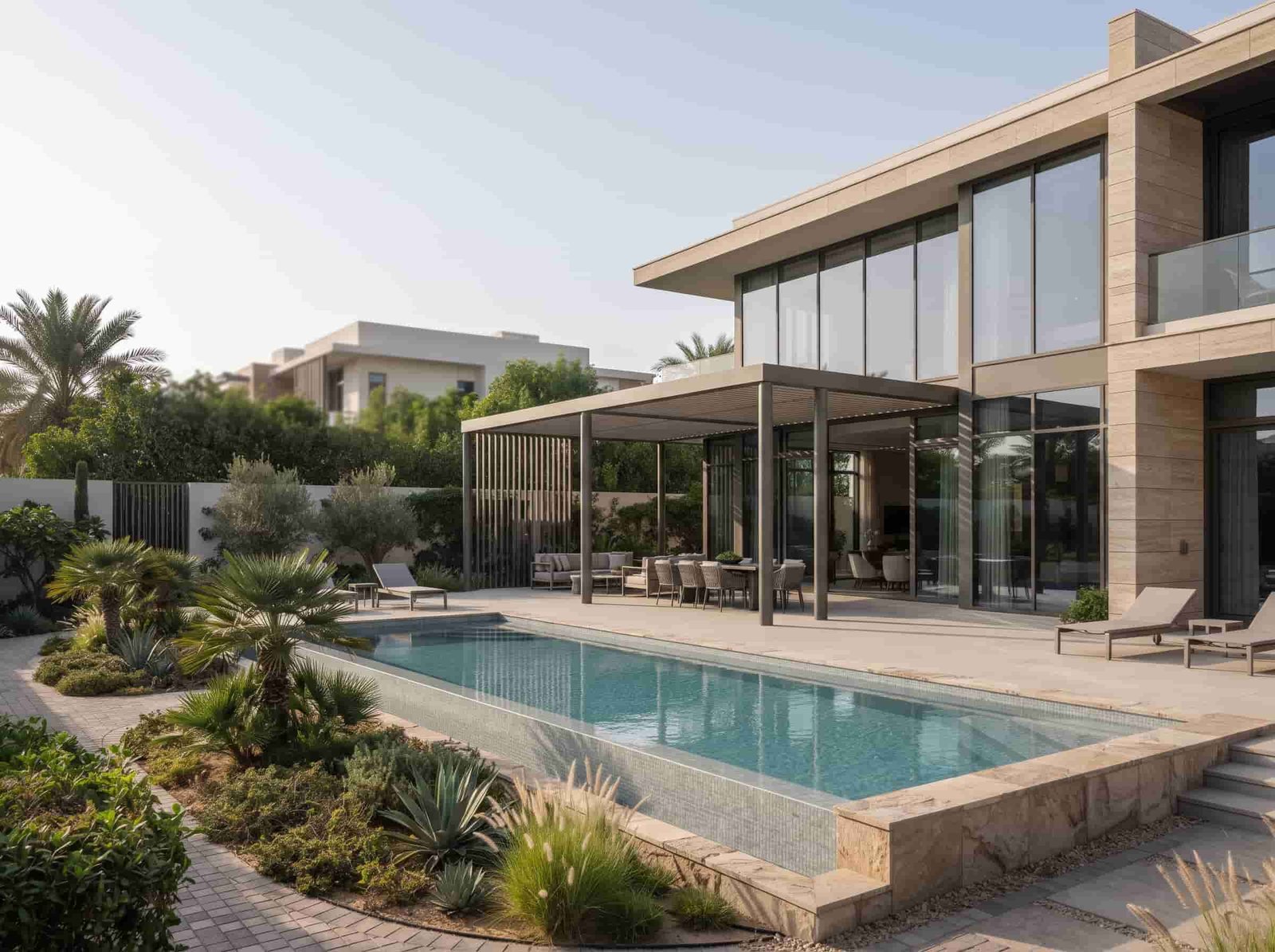 Luxury Dubai villa showing private land, premium architecture, garden and swimming pool.