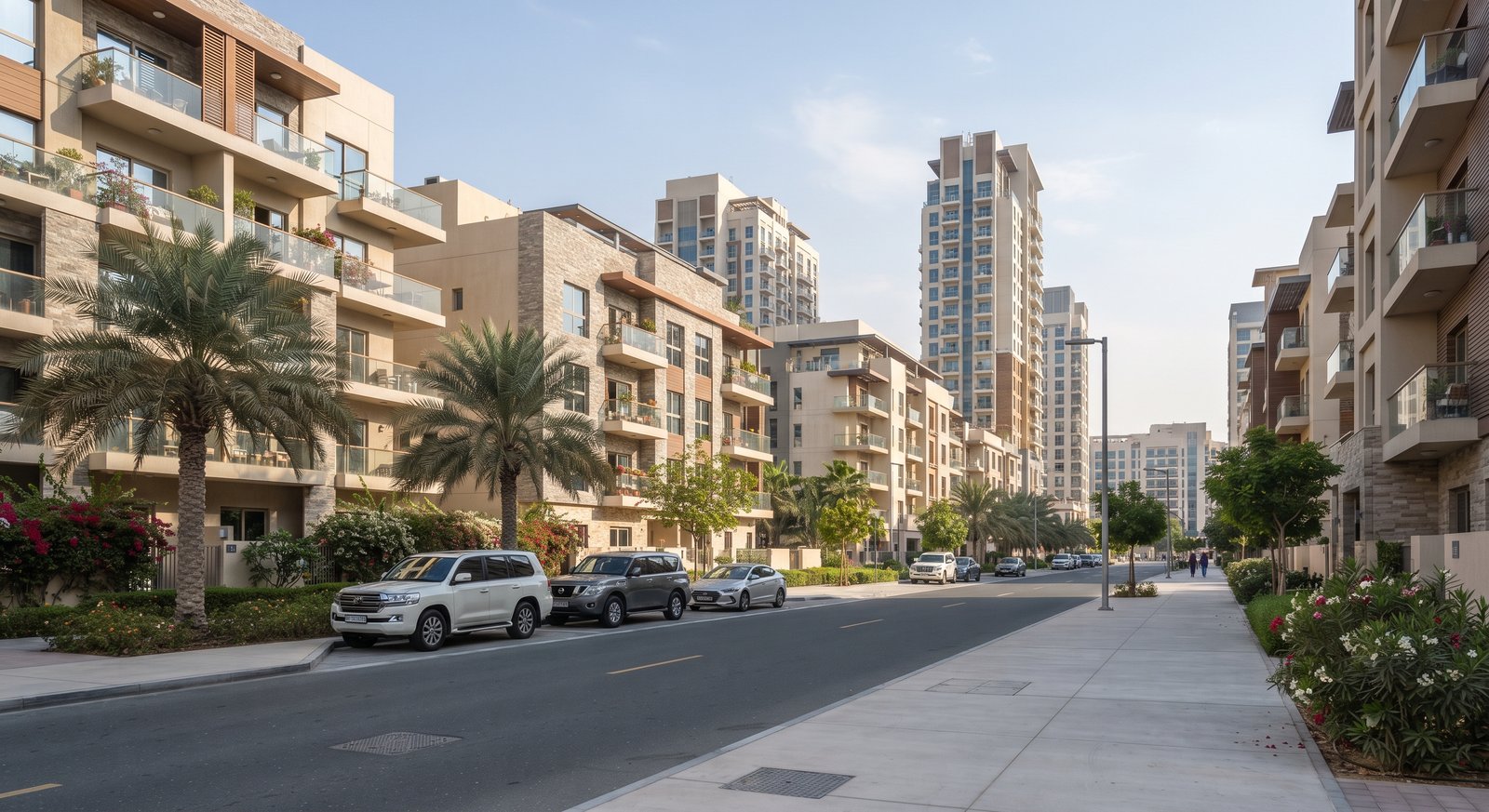 Modern apartment buildings in Jumeirah Village Circle Dubai