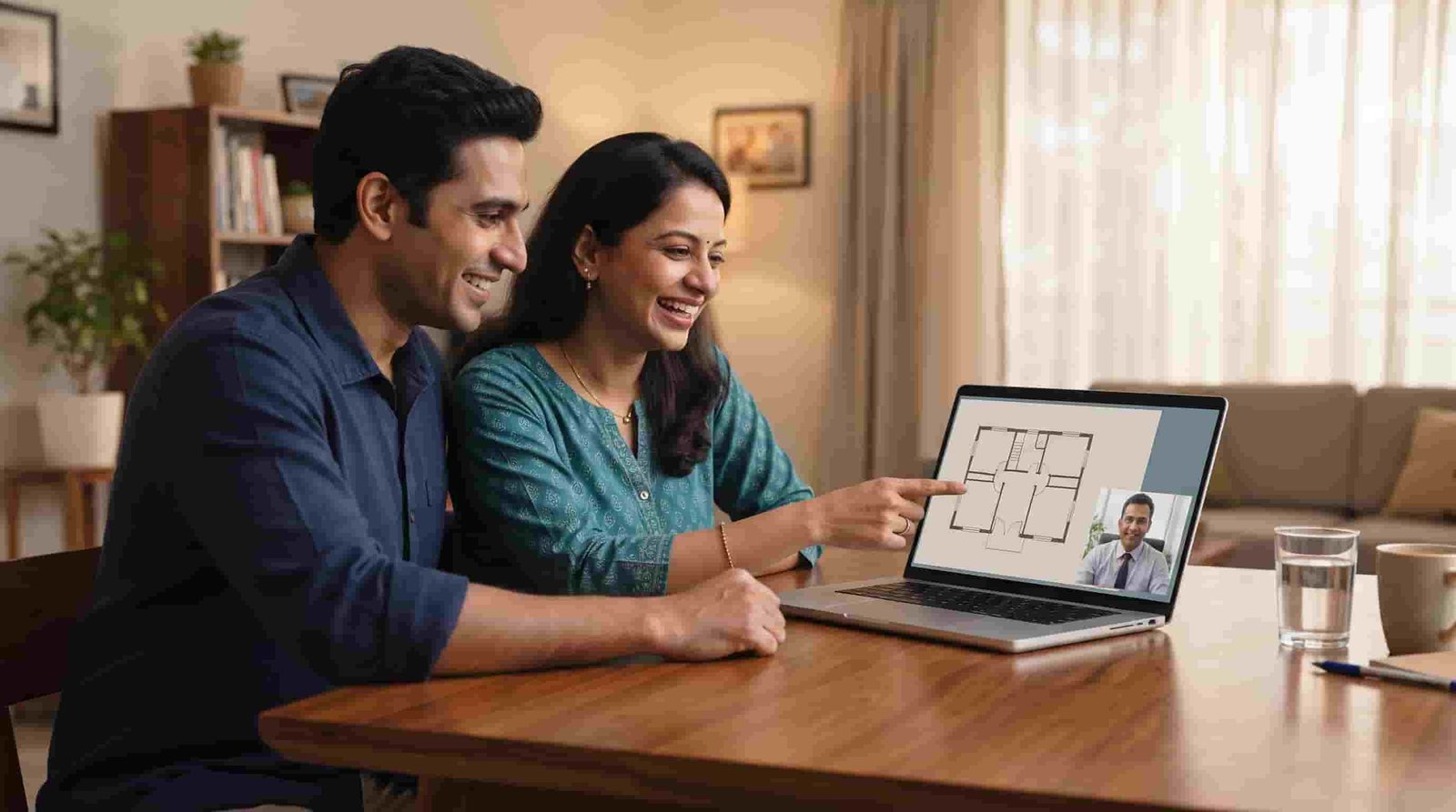 Indian couple reviewing a Dubai flat floor plan on a video call from home