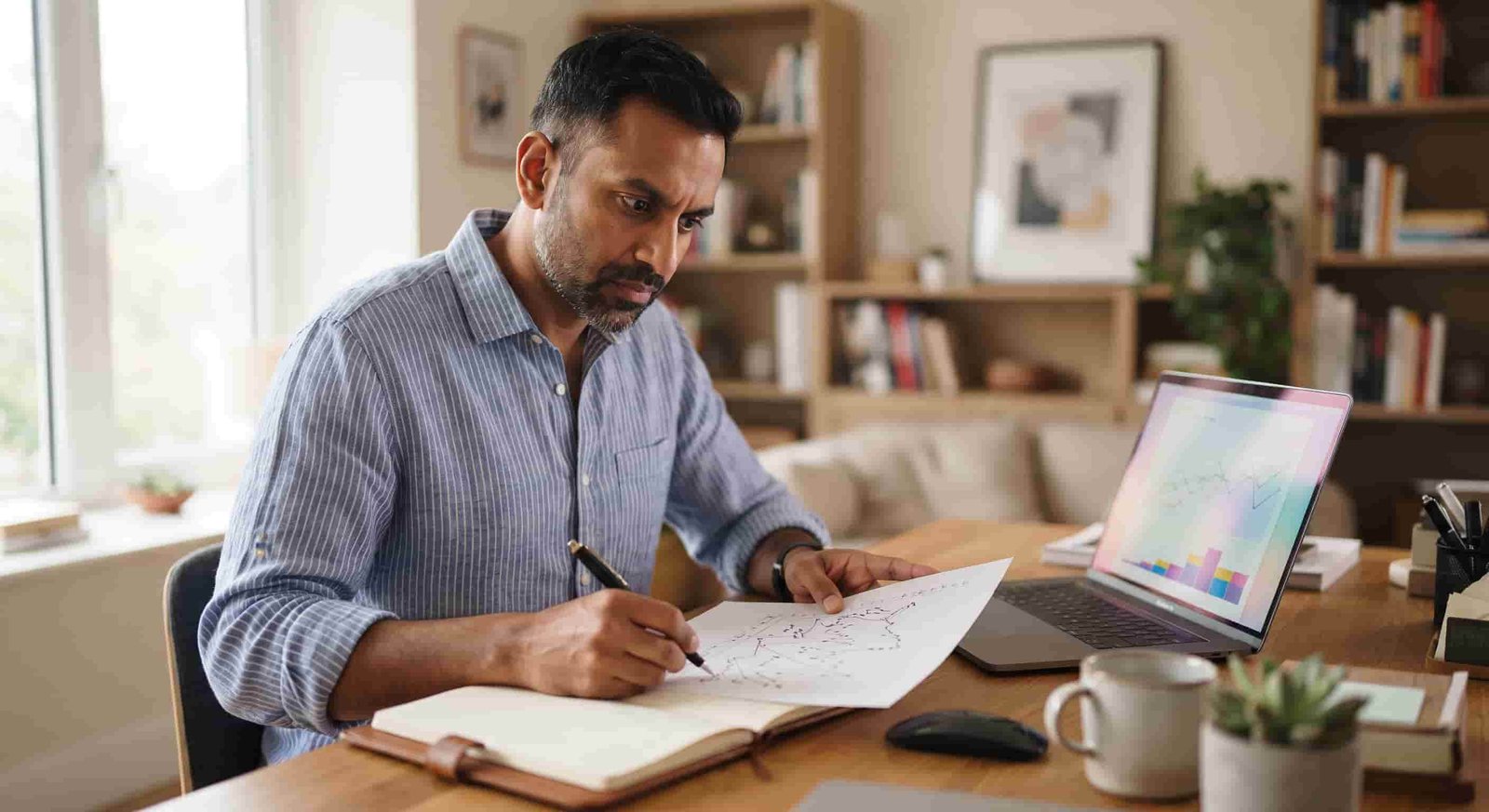 Investor reading a property price index line chart at a desk