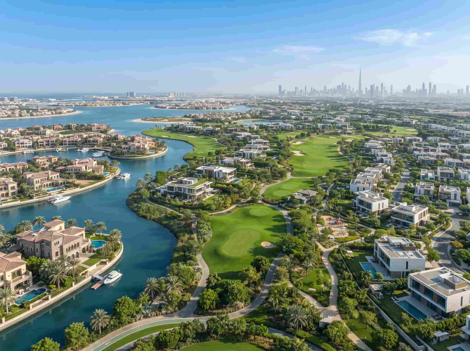 Comparison of waterfront, golf and family luxury villa communities in Dubai.