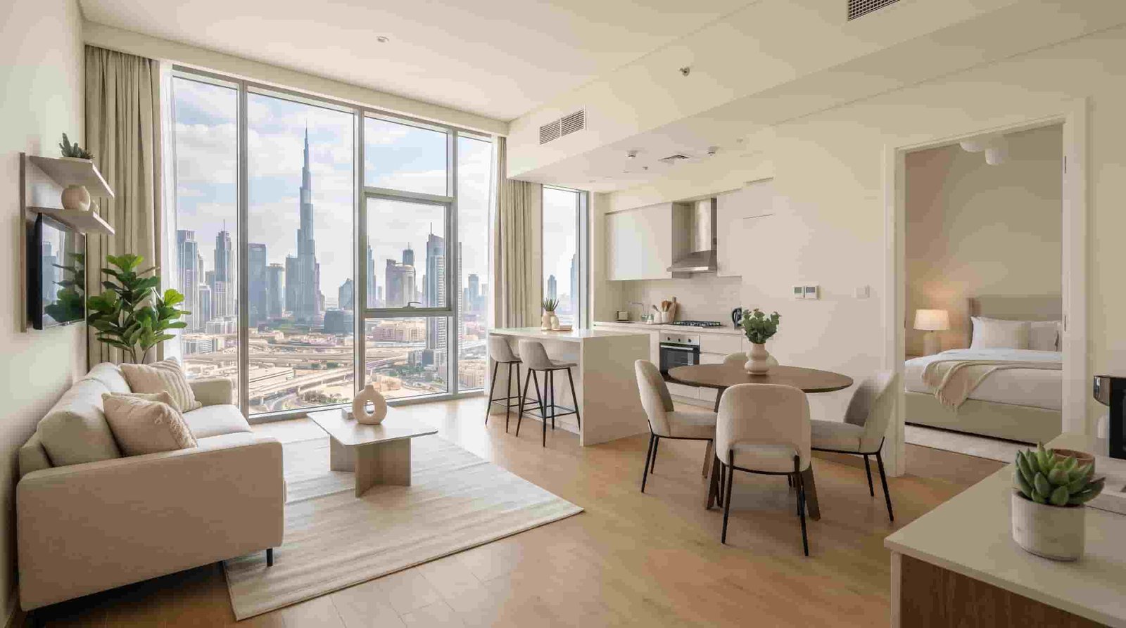 Bright one-bedroom apartment in Dubai with an open living area and skyline view