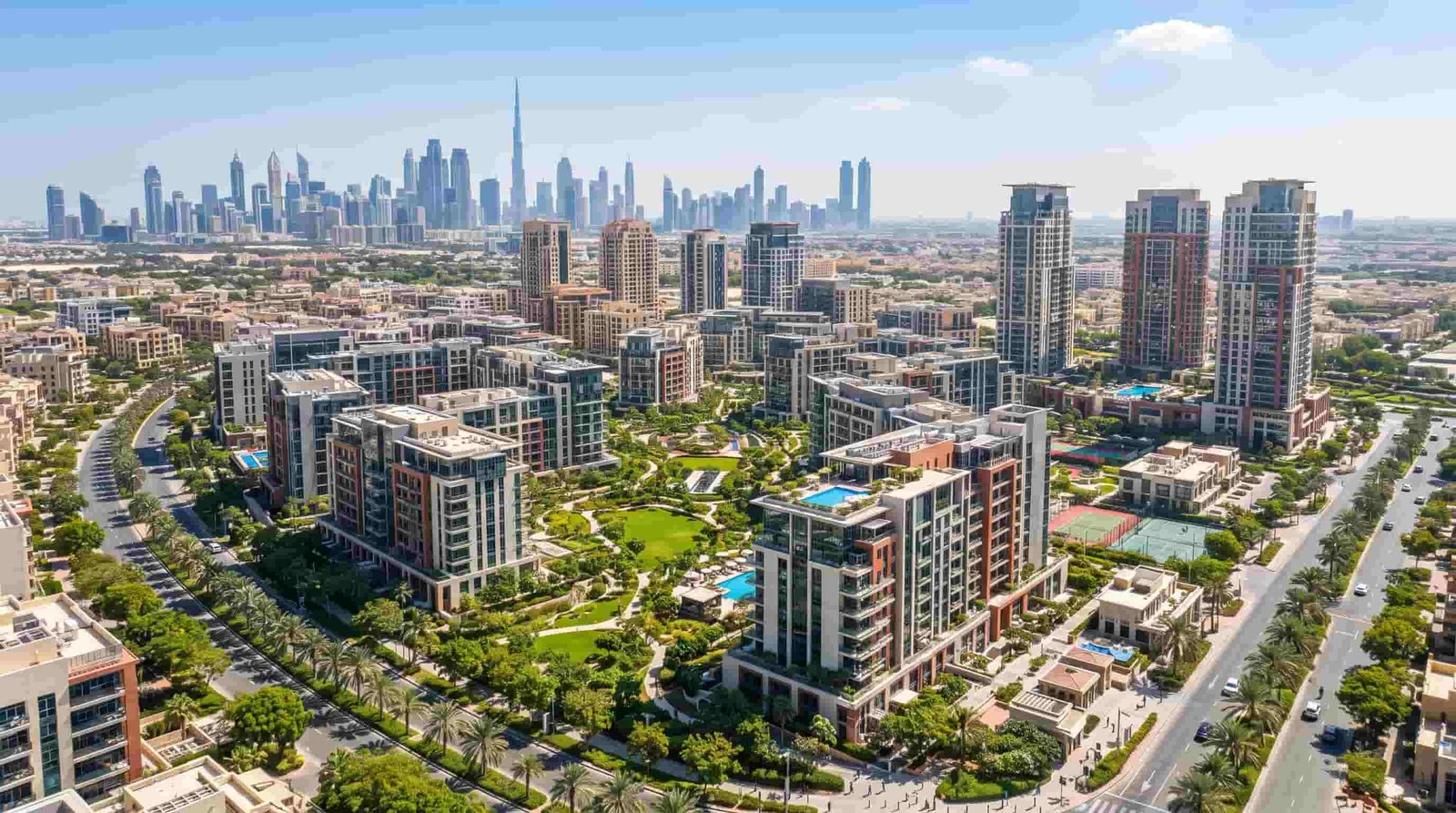 Aerial view of a Dubai residential community with apartment buildings and parks