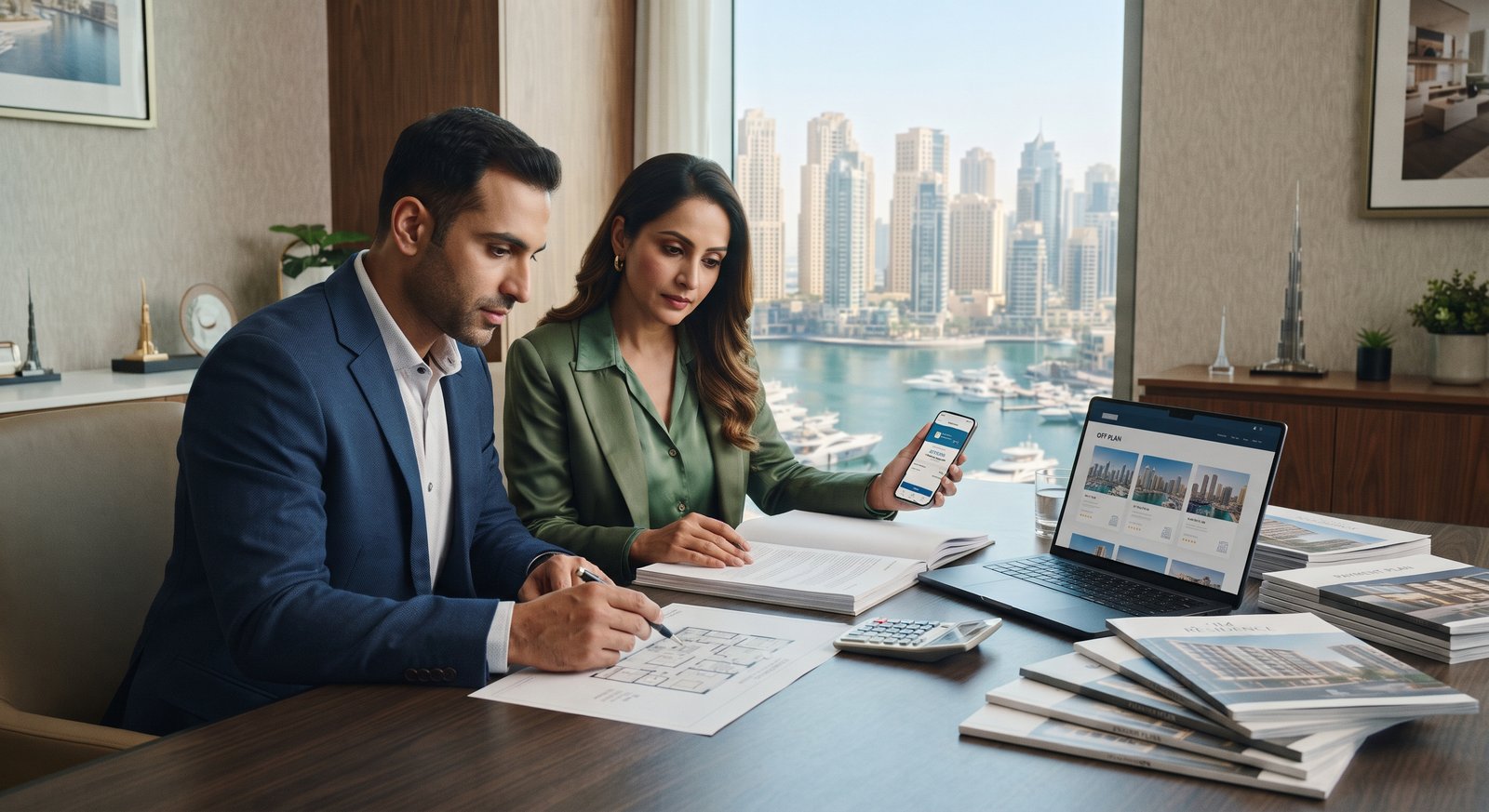 Indian buyers reviewing Dubai property documents and financial planning
