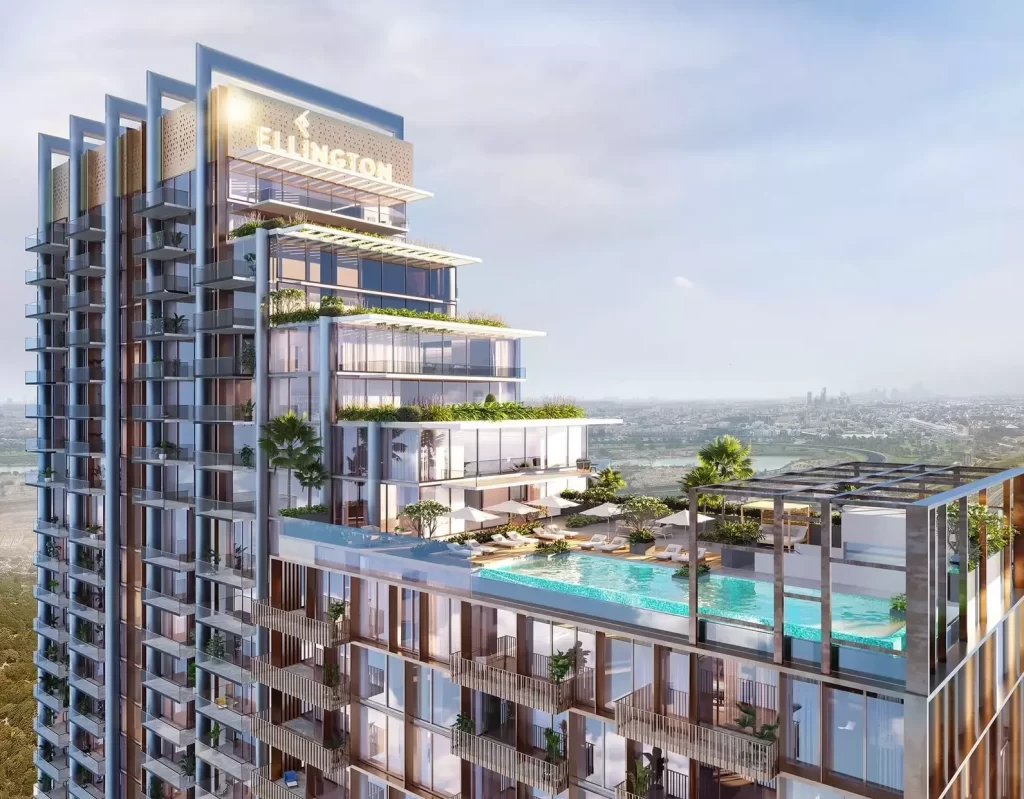 Ellington Properties Dubai residential tower with infinity pool and landscaped balconies — benefits of buying property in Dubai for Indian investors