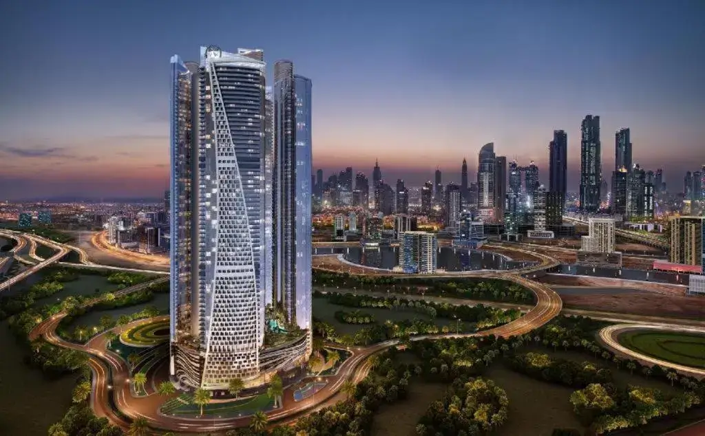 DAMAC Volta tower on Sheikh Zayed Road Dubai at dusk — Dubai property price in Indian rupees 2026