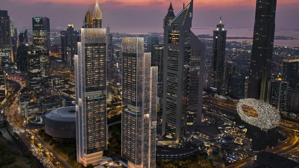 Luxury Dubai apartment balcony render overlooking Downtown skyline and Burj Khalifa at dusk — risks of buying property in Dubai for Indian investors